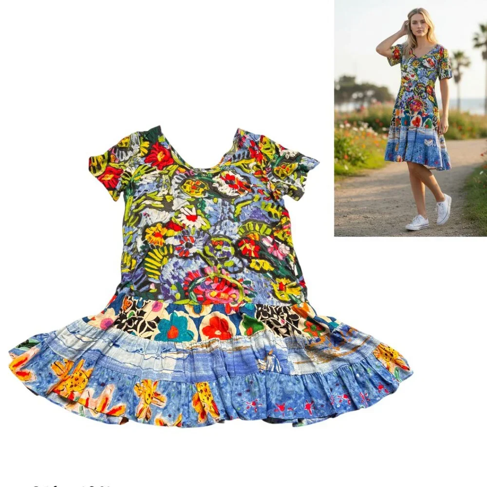 90'S Y2K VTG. RARE JAMS WORLD HATTIE PASA PASTA PRINT DRESS SZ. LARGE EUC/MINT - Picture 2 of 5